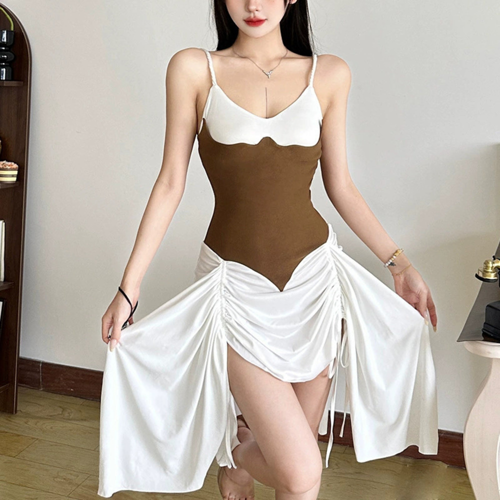 ZARA Summer Colorblock Shirred Spaghetti Strap Chic Slimming Dress
